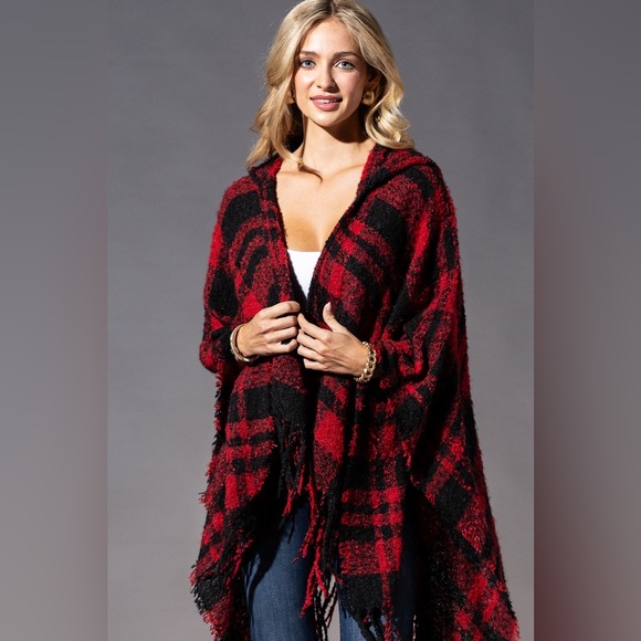 Plaid Red Black Hood Shawl NWT - Picture 1 of 8